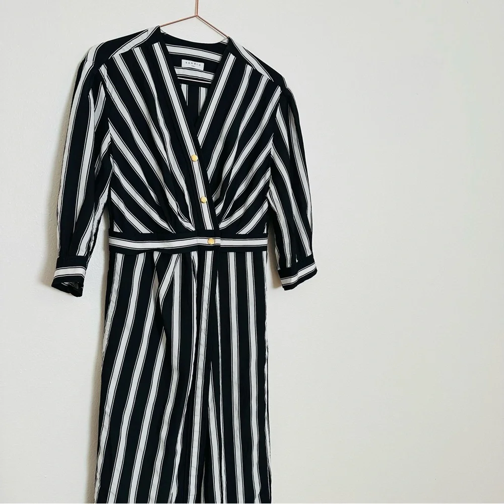 Sandro Carl Black and White Wrap Striped 3/4 Sleeve Midi Dress - Picture 10 of 15